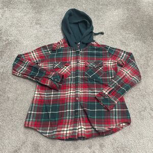 Columbia Hoodie Flannel Shirt Womens Medium Multicolor Plaid Heavyweight Casual
